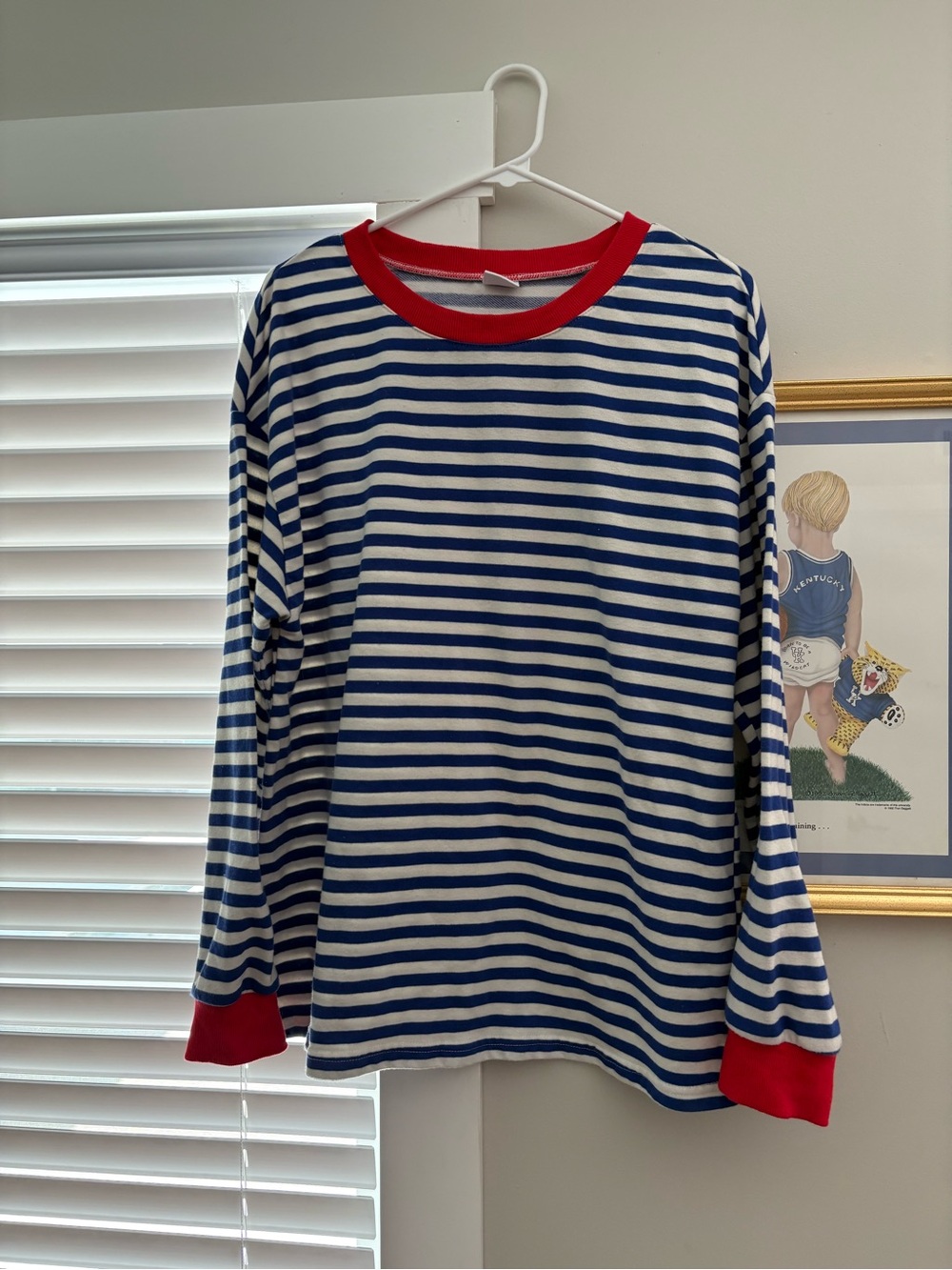 Blue & White Striped Long Sleeve Tee with Red Trim